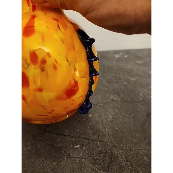 Kralik Art Glass ORANGE Yellow Black Tooled Rigaree SIGNED Made in Cz Chips - Picture 10 of 14